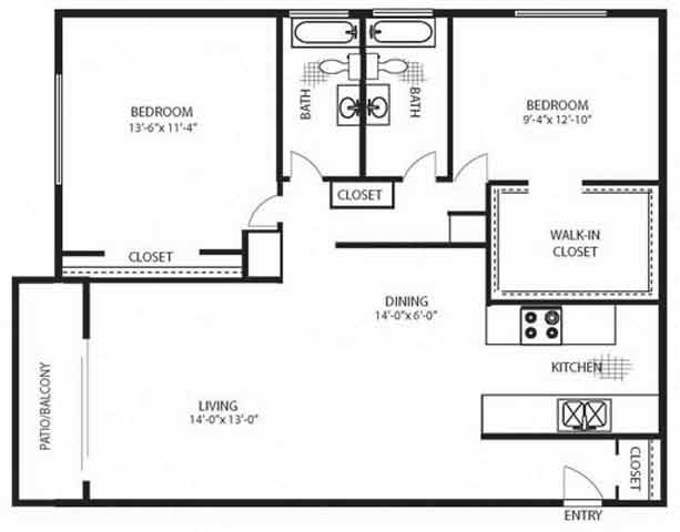 Floor plan for 2 beds, 2 baths, 1090 sqft